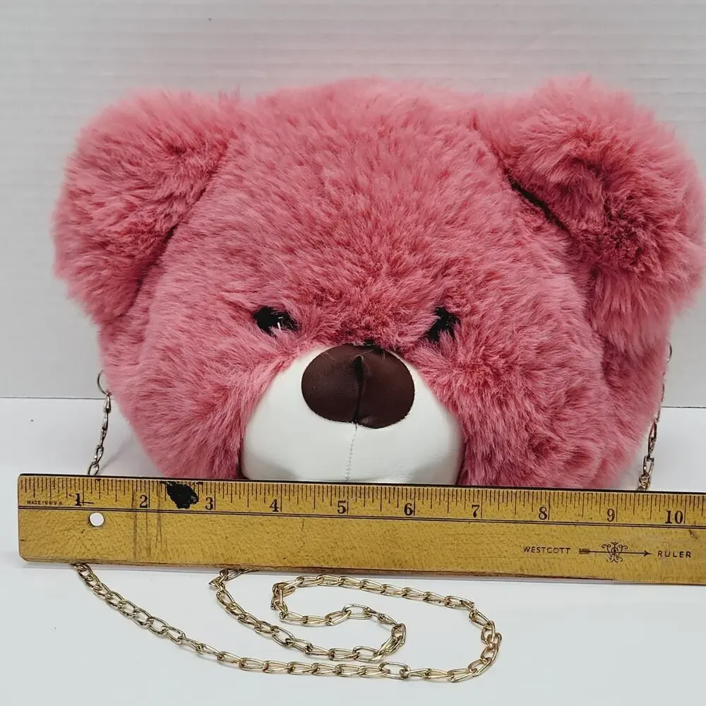 Plush Pink Bear Head 3D Backpack Purse Gold Chain Cosplay Dressup Anime